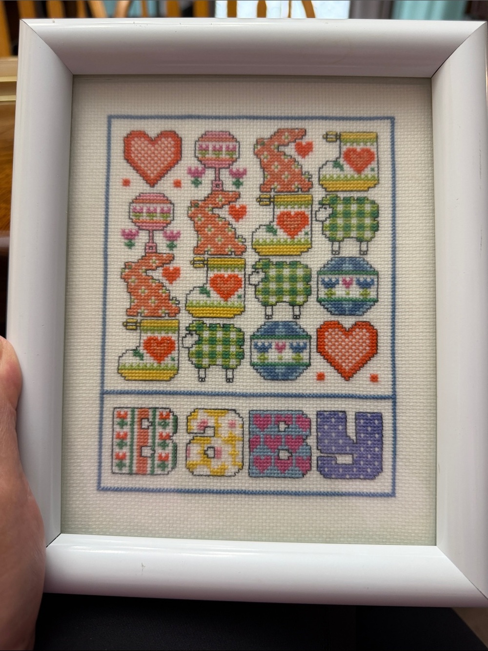 Framed 'Baby' Cross Stitch Sampler in Pastel Motifs